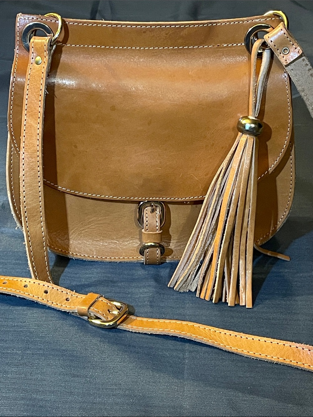 Classic Tan Leather Crossbody Bag with Tassel Made in Greece